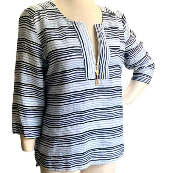 Ellen Tracy Striped Linen Tunic Top 1/2 Zip Tassel Blue & White Sz L #43N - Picture 2 of 9
